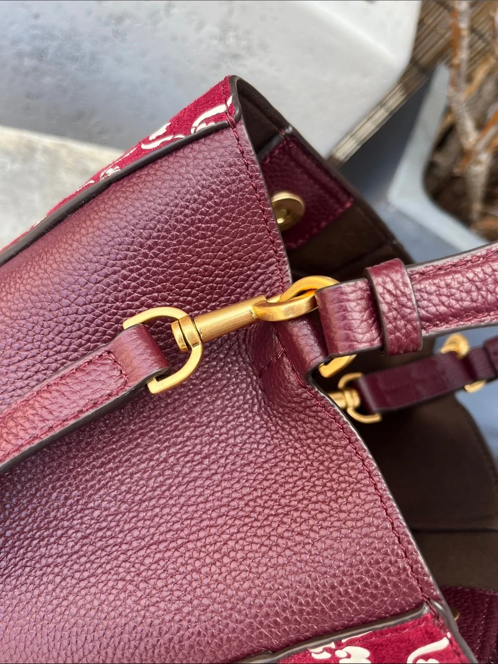 Brand new Tory Burch Burgundy and White Monogram Jacquard Bucket Crossbody